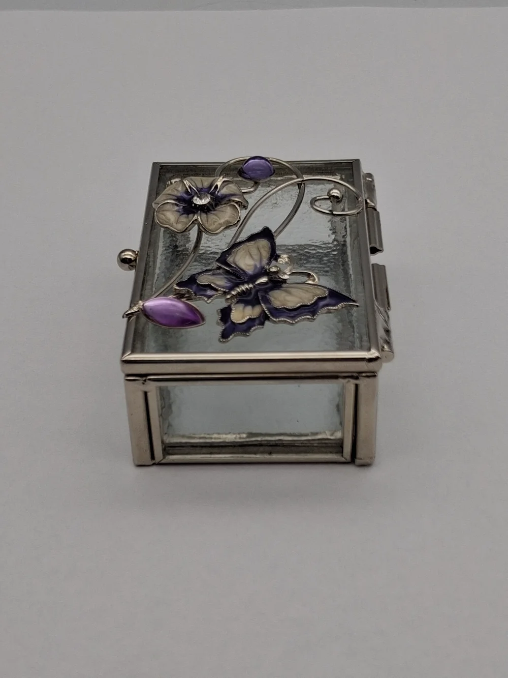 Glass Jewelry Box with Purple Butterfly and Flower Accent